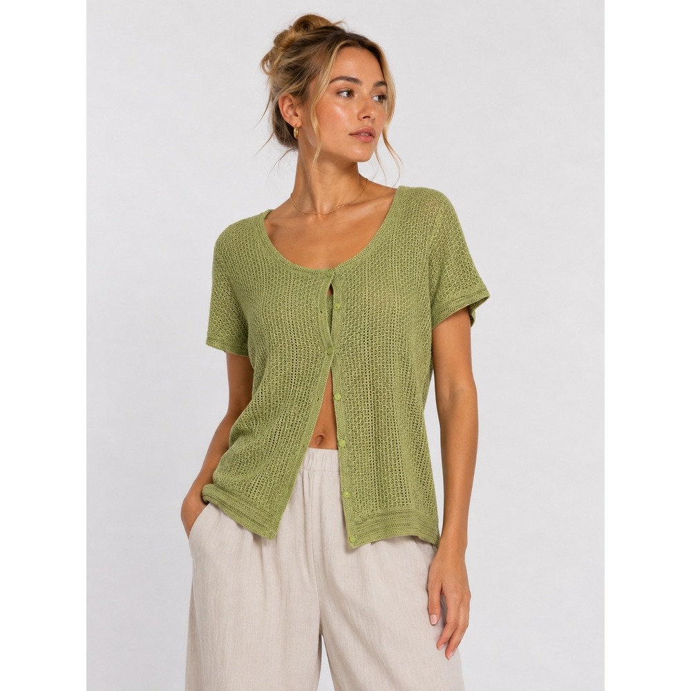 Green Open Knit Short Sleeve Sweater Top XL 100% Rayon Boho Coastal Lightweight